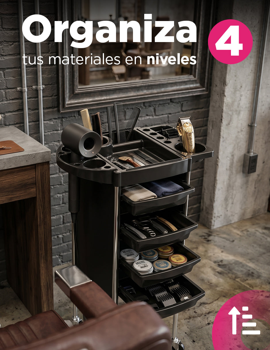 Carrito Auxiliar Organizador para Salón de Belleza y Barbería Capri Negro con 4 Niveles