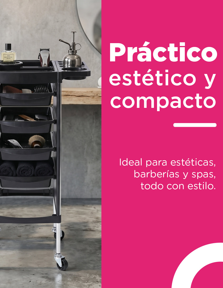 Carrito Auxiliar Organizador para Salón de Belleza y Barbería Capri Negro con 4 Niveles