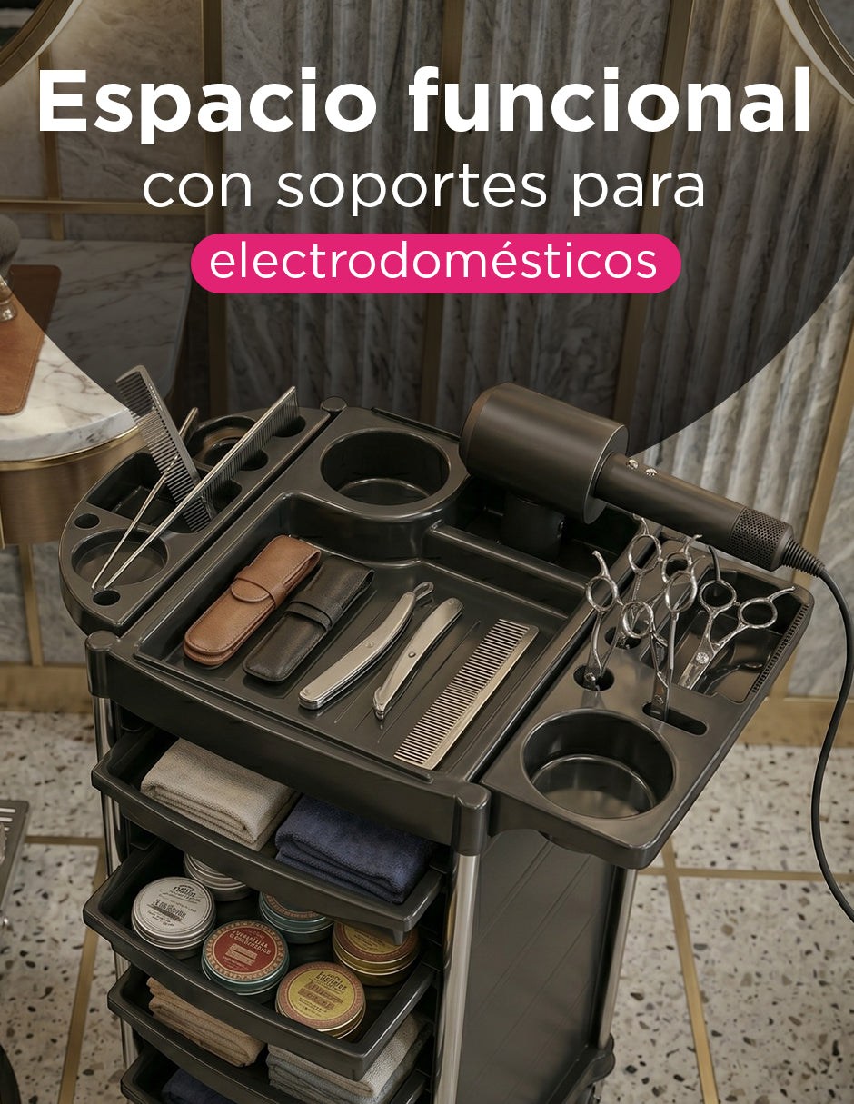 Carrito Auxiliar Organizador para Salón de Belleza y Barbería Capri Negro con 4 Niveles