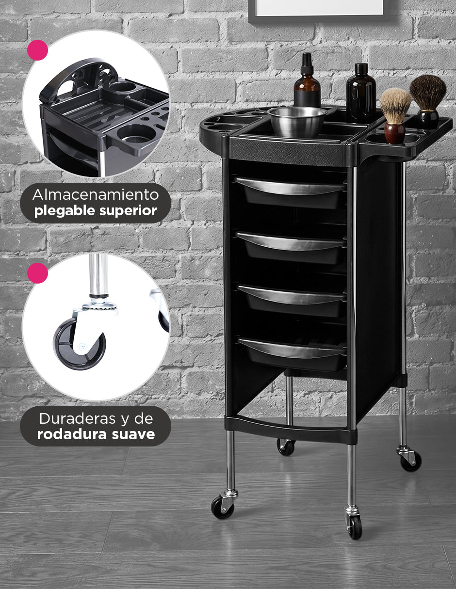 Carrito Auxiliar Organizador para Salón de Belleza y Barbería Capri Negro con 4 Niveles
