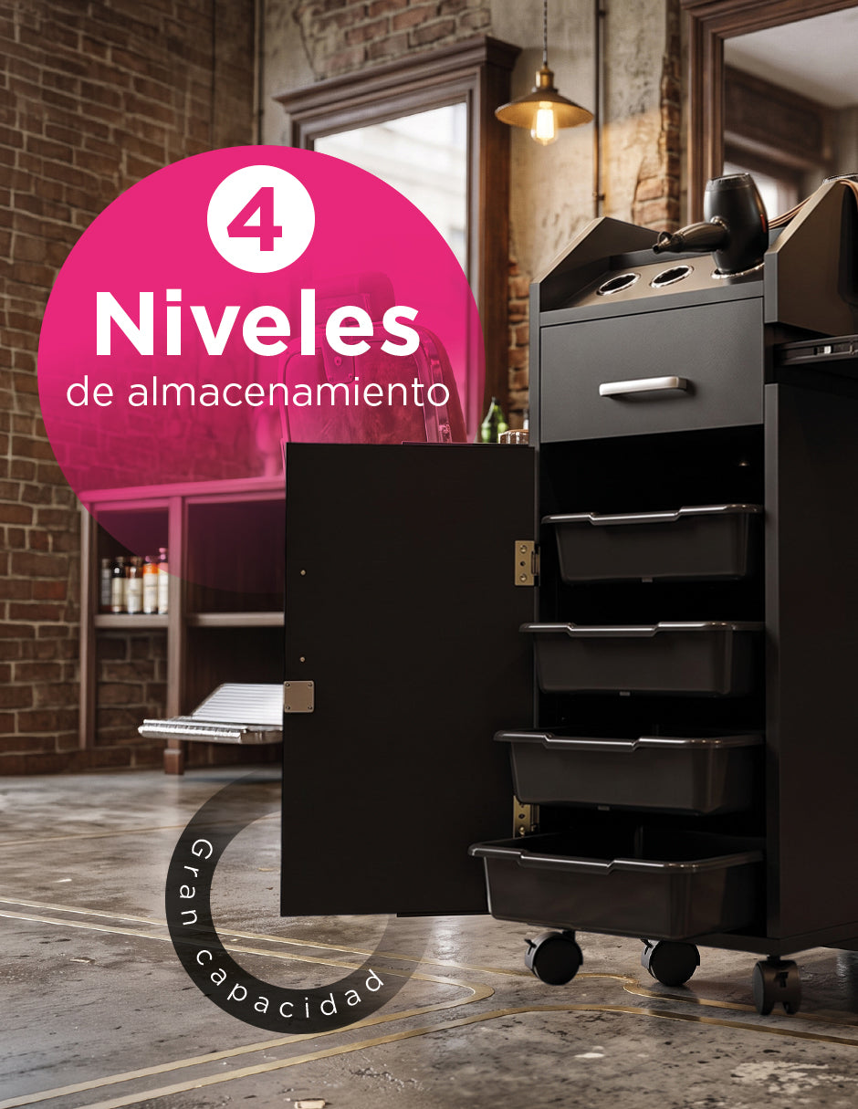 Carrito Auxiliar de Barbería y Estética Sicilia Negro con 4 Niveles, Cajón Superior y Soportes para Herramientas