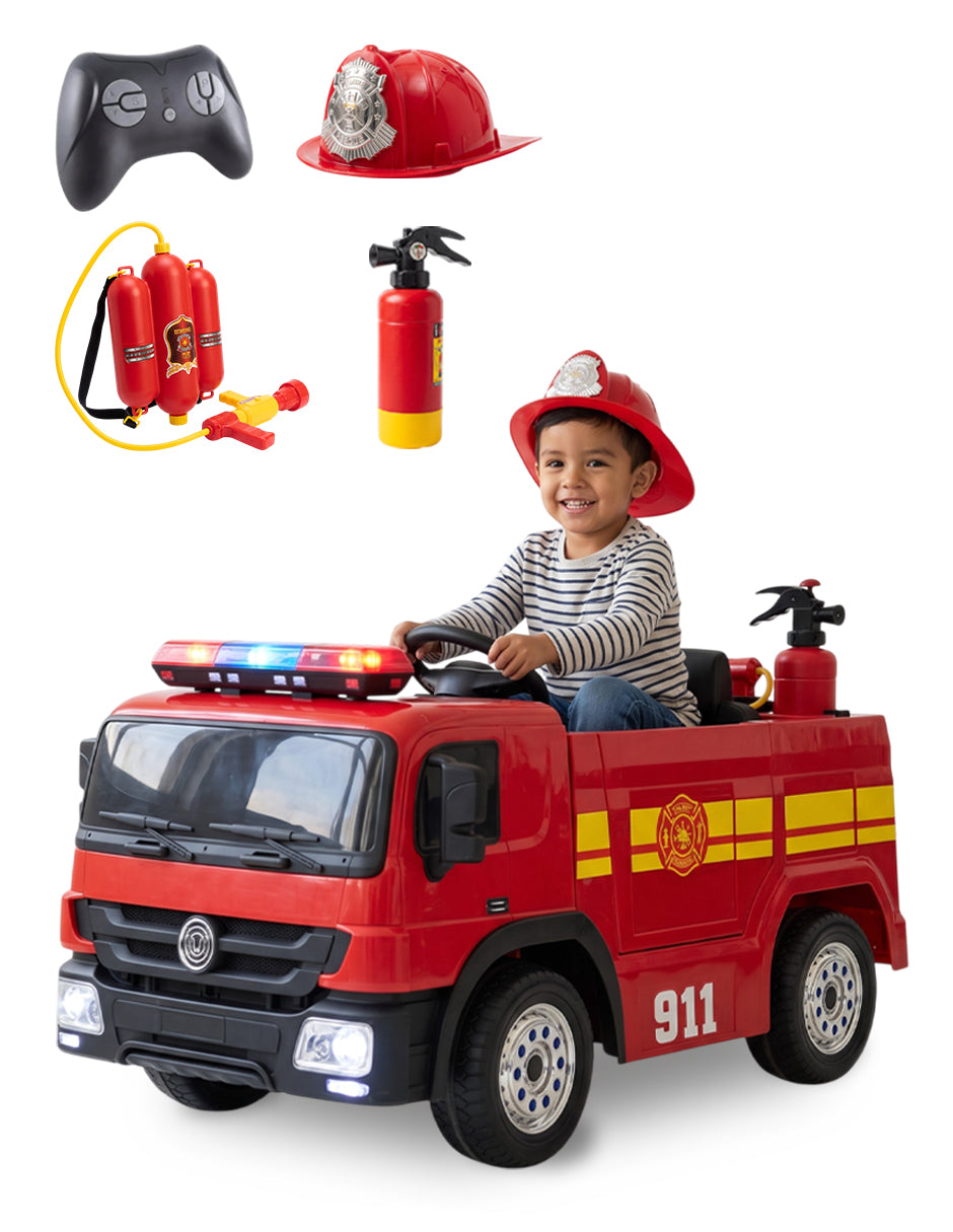 Carrito Eléctrico Montable de Bomberos Vanlig 12V con Control Remoto Parental, Pistola de Agua y Casco