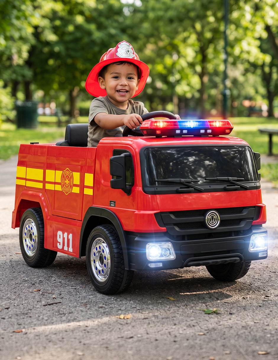 Carrito Eléctrico Montable de Bomberos Vanlig 12V con Control Remoto Parental, Pistola de Agua y Casco