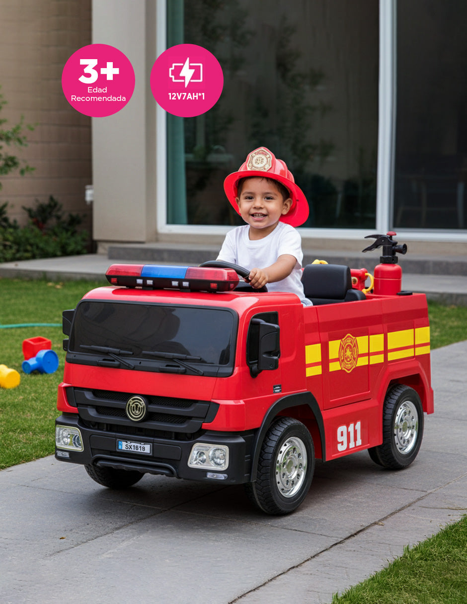 Carro Eléctrico Montable de Bomberos Rojo con Control Remoto y Pistola de Agua