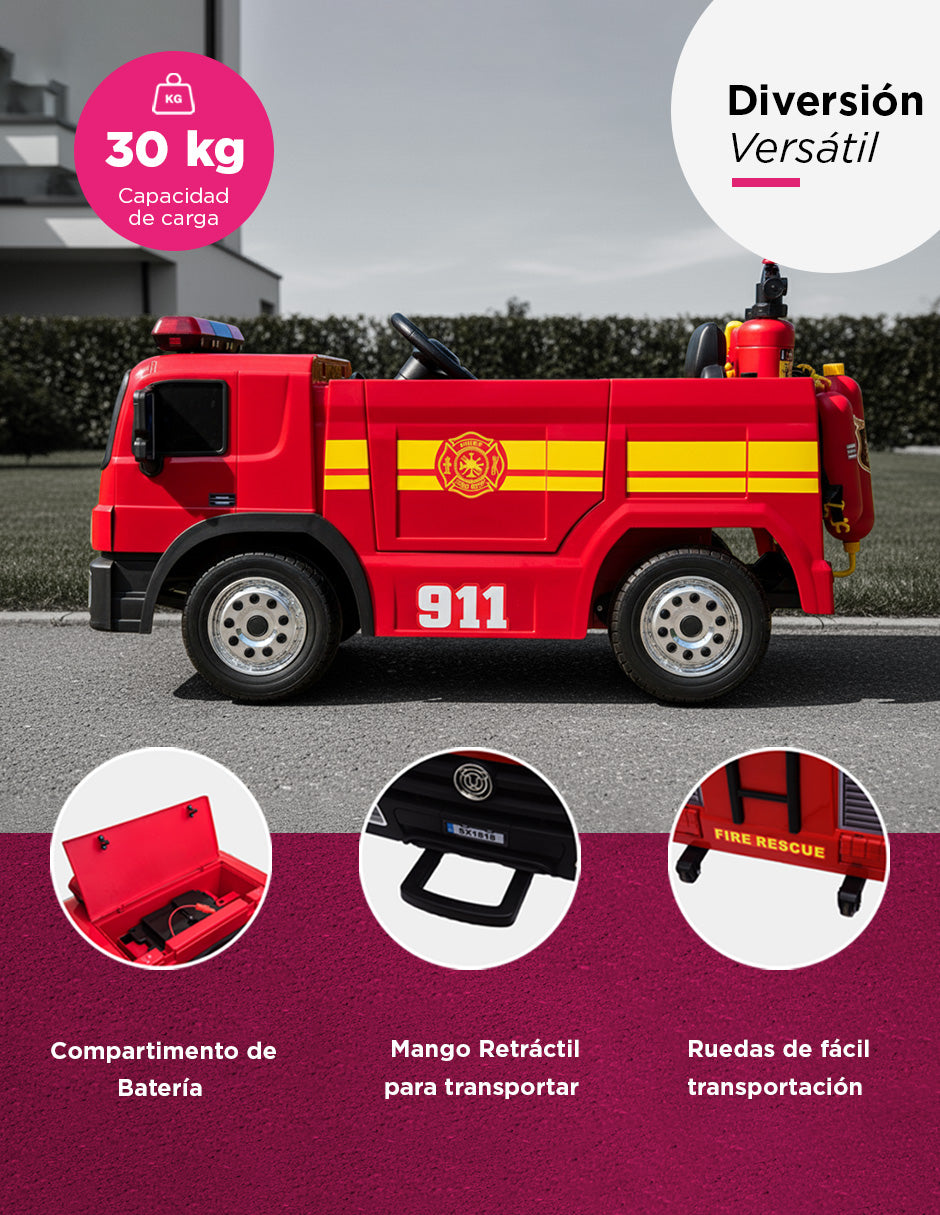 Carro Eléctrico Montable de Bomberos Rojo con Control Remoto y Pistola de Agua