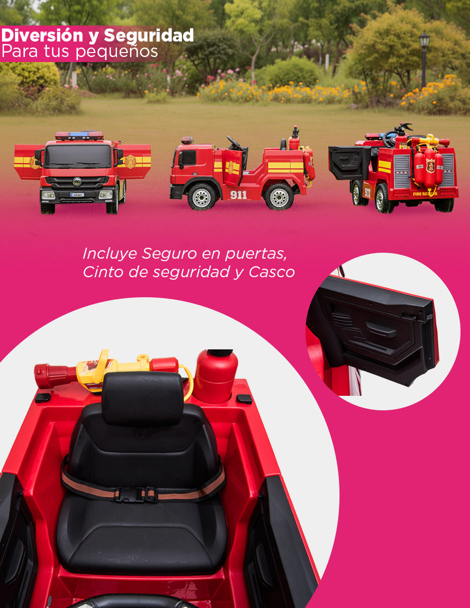 Carro Eléctrico Montable de Bomberos Rojo con Control Remoto y Pistola de Agua