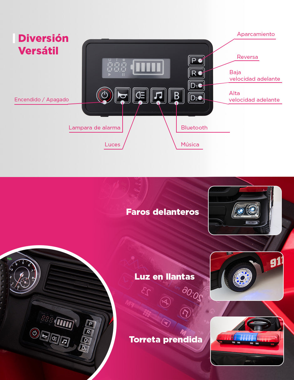 Carro Eléctrico Montable de Bomberos Rojo con Control Remoto y Pistola de Agua