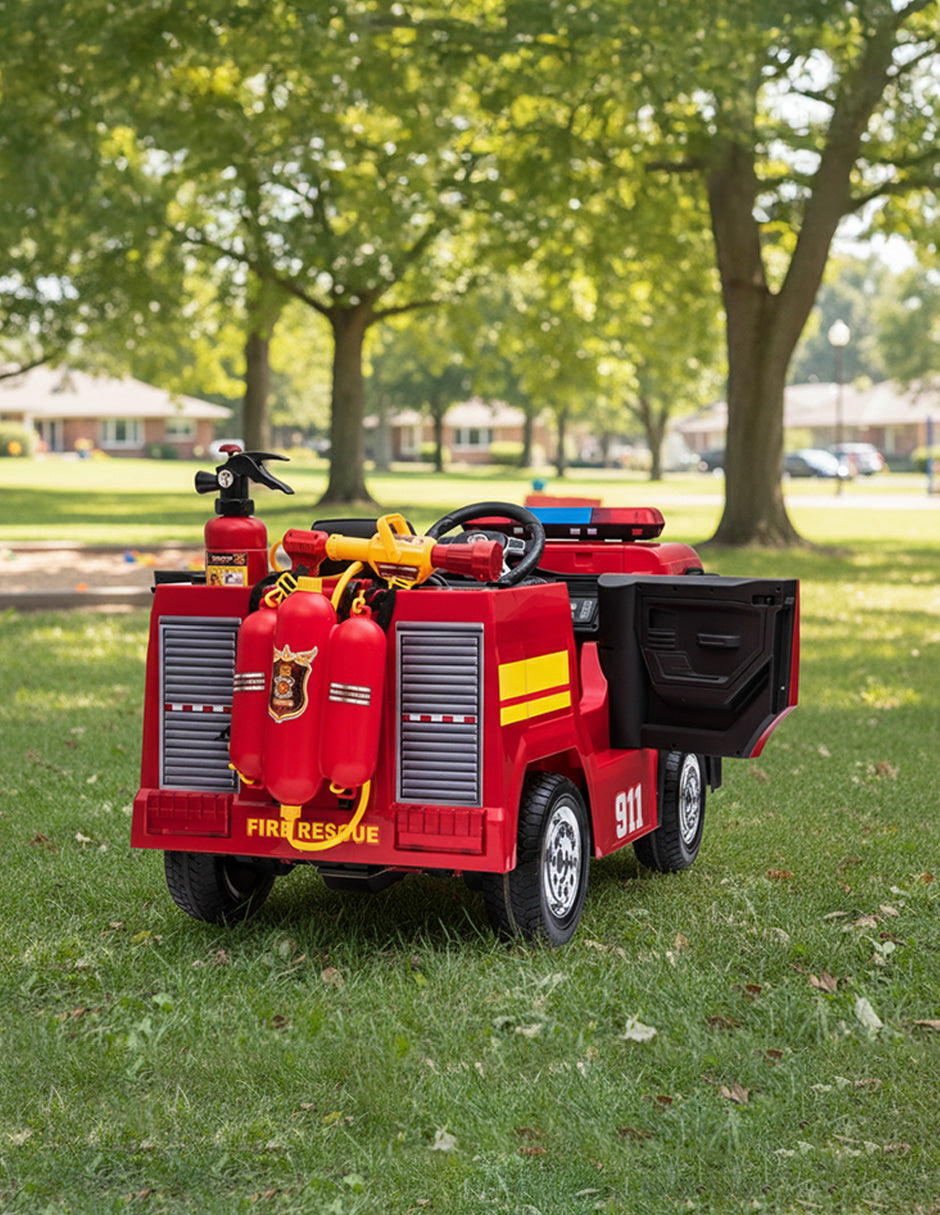Carro Eléctrico Montable de Bomberos Rojo con Control Remoto y Pistola de Agua