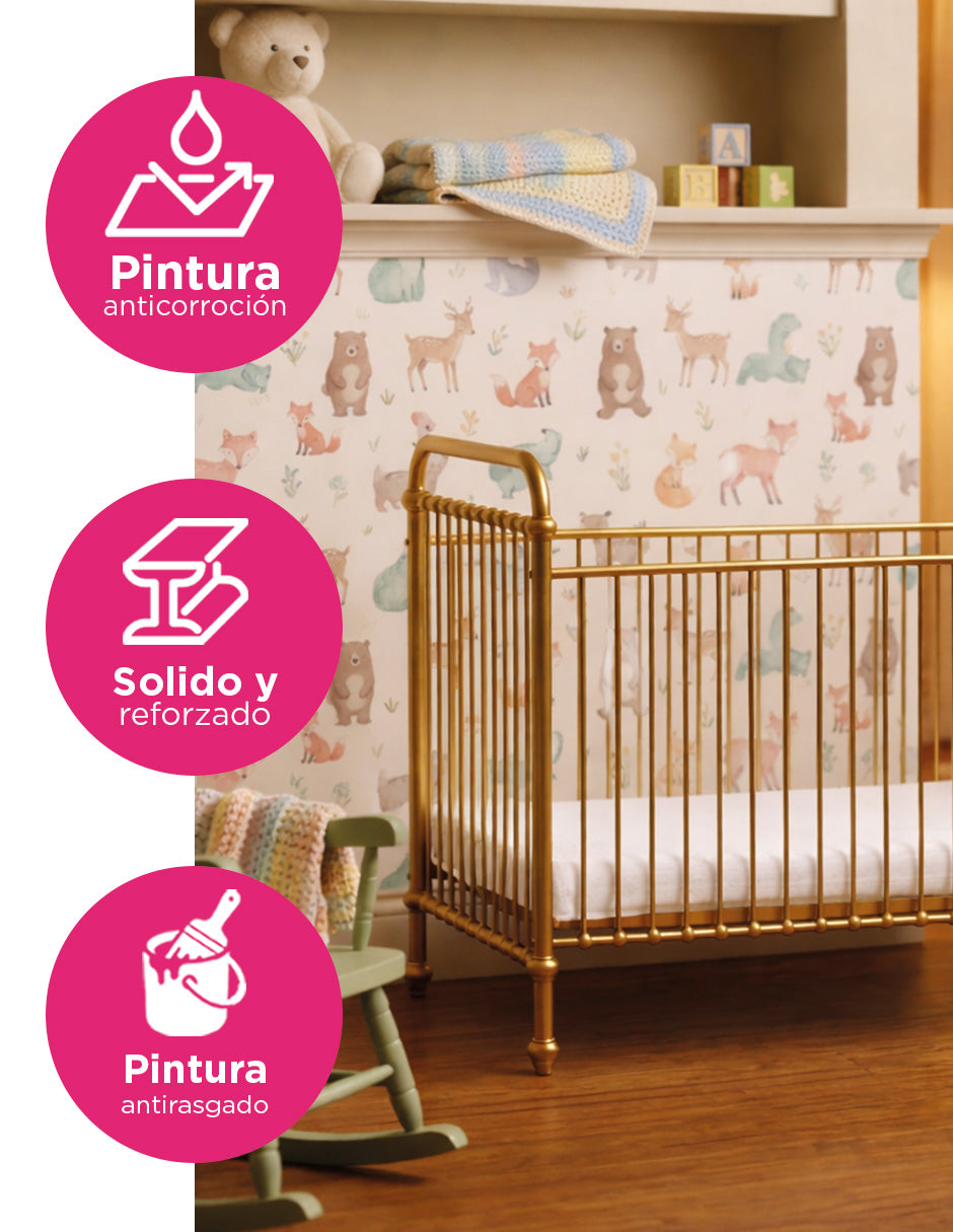 Cuna Metálica para Bebé Emery Dorada con Colchón Base Ajustable