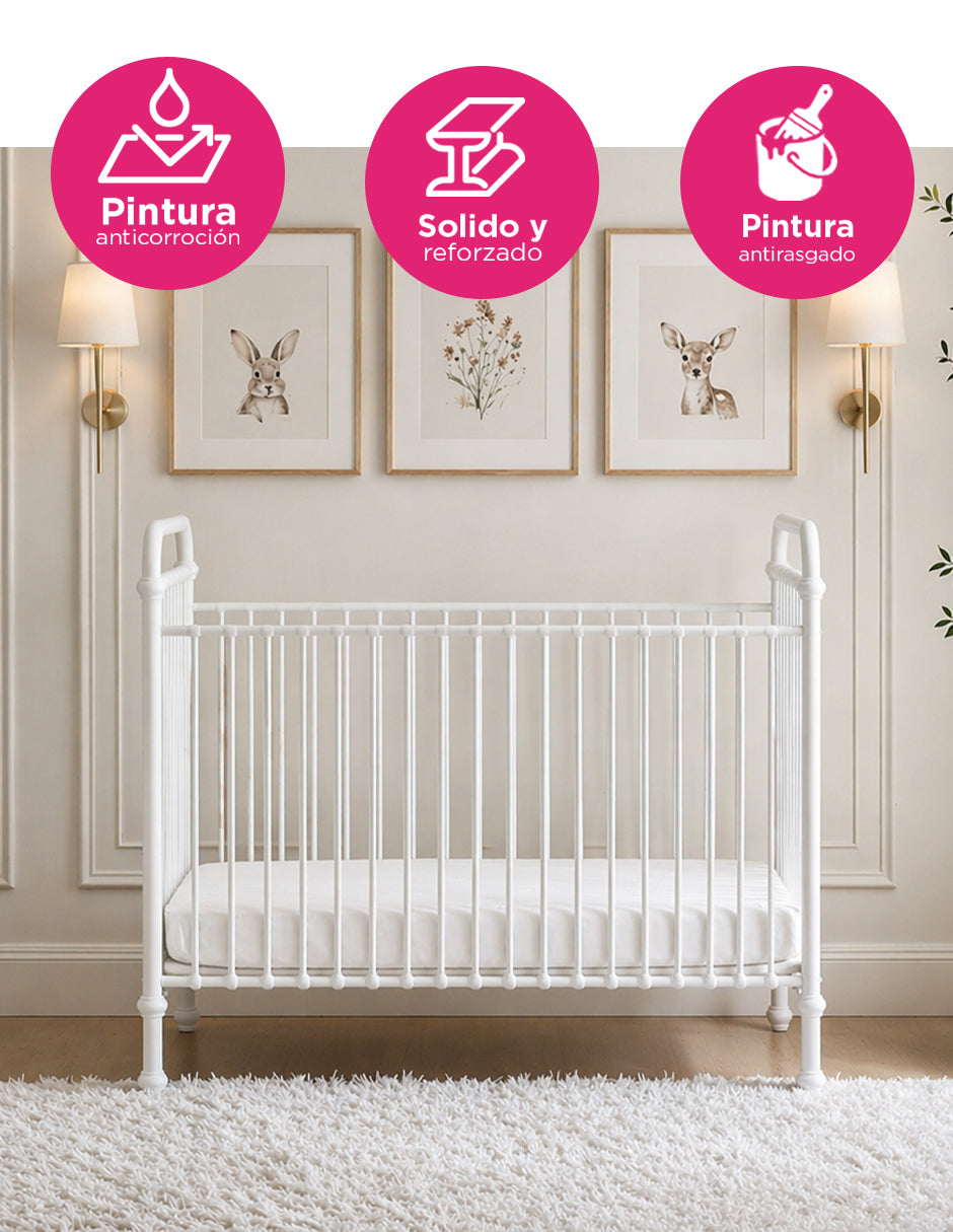 Cuna Metálica para Bebé Emery Blanca con Colchón Base Ajustable