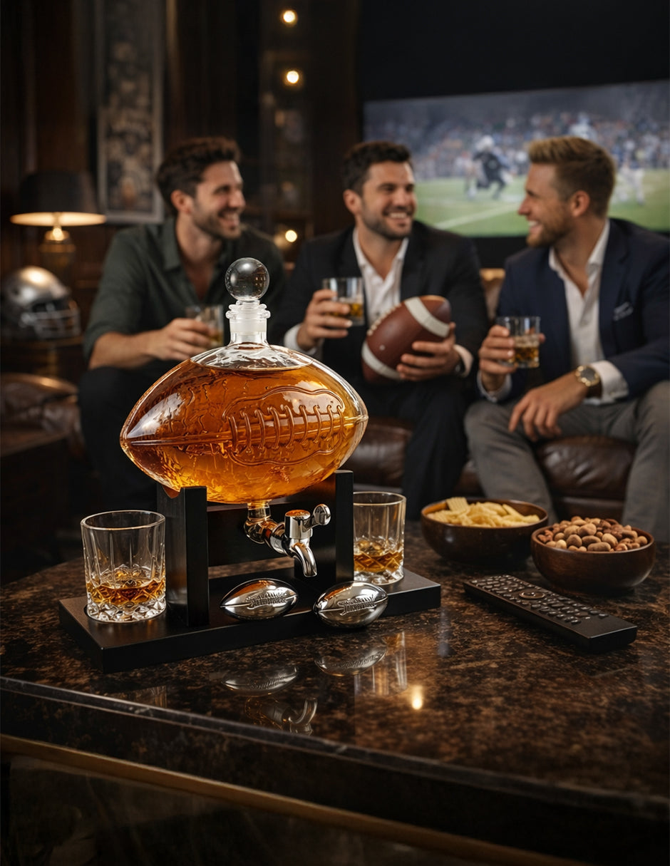 Decantador Temático de Vidrio Balón de Futbol Americano Vanlig - Set de Lujo con Vasos y Piedras de Acero