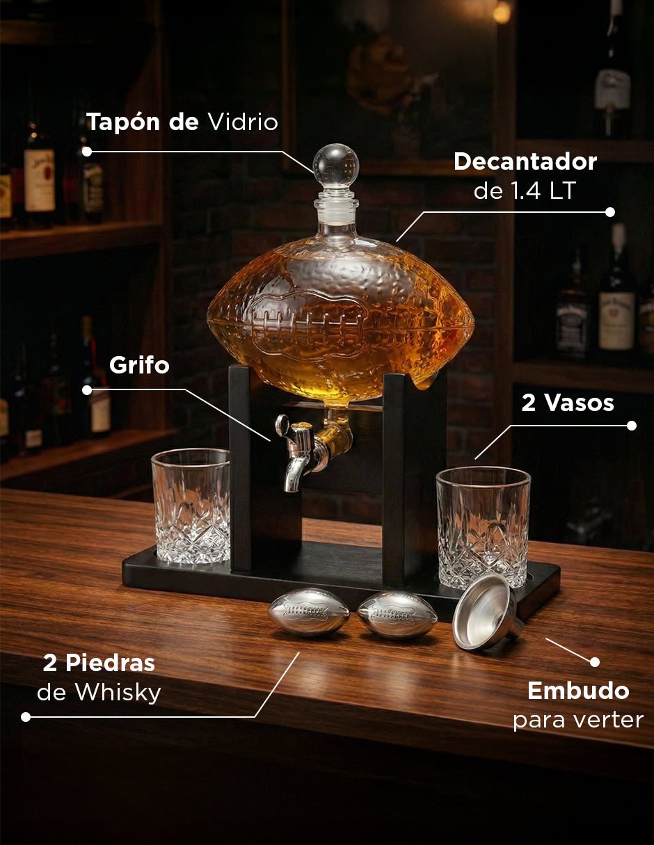 Decantador Temático de Vidrio Balón de Futbol Americano Vanlig - Set de Lujo con Vasos y Piedras de Acero