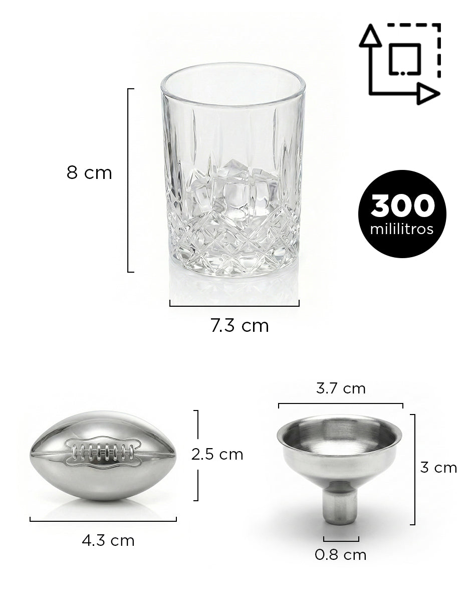 Decantador Temático de Vidrio Balón de Futbol Americano Vanlig - Set de Lujo con Vasos y Piedras de Acero