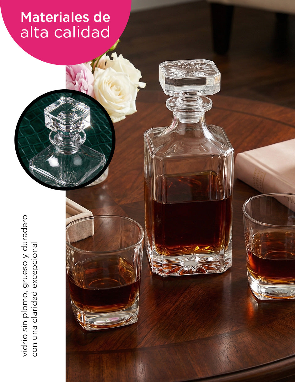 Decantador York de Vidrio con Tapón Hermético y Set de Vasos de Lujo