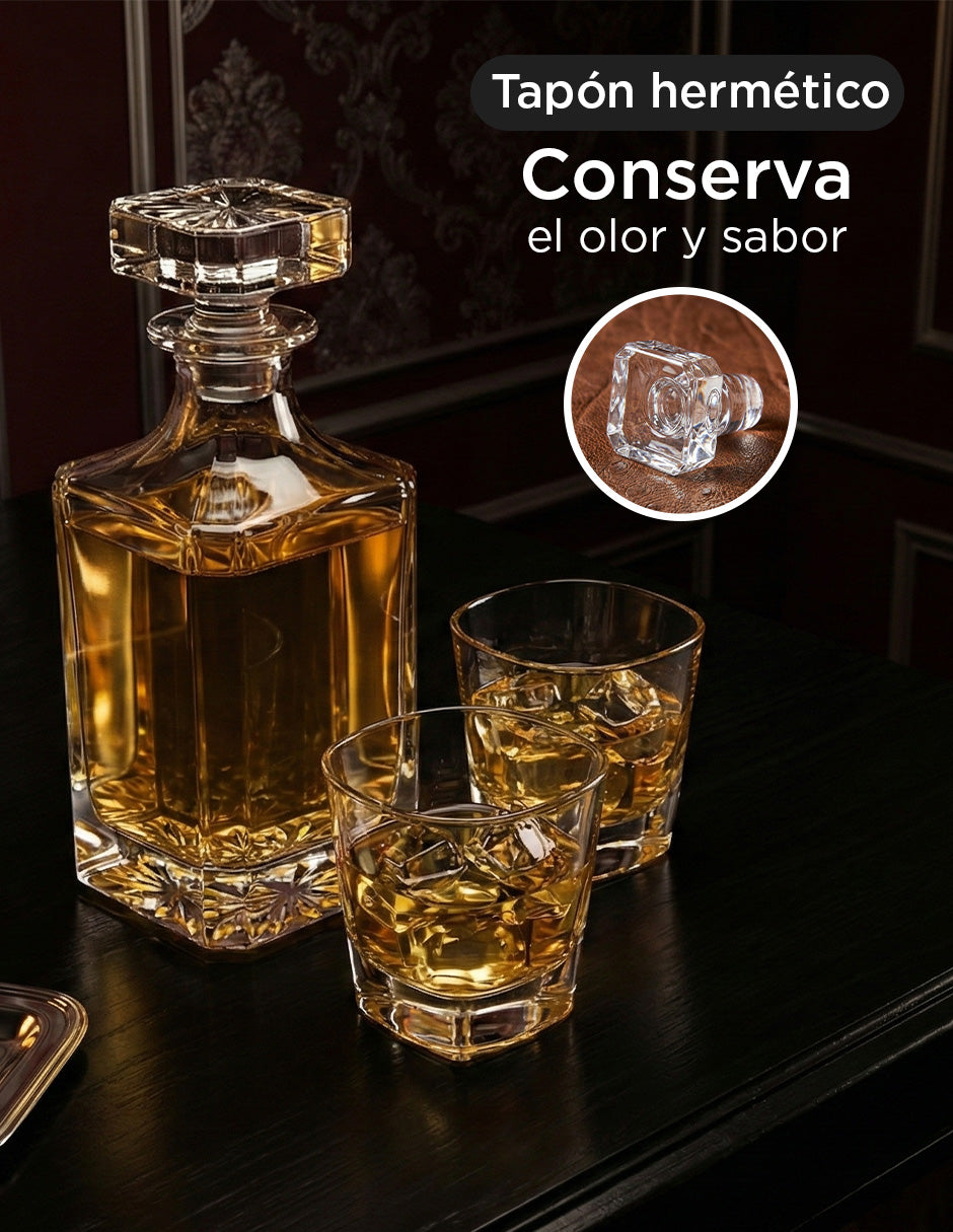 Decantador York de Vidrio con Tapón Hermético y Set de Vasos de Lujo