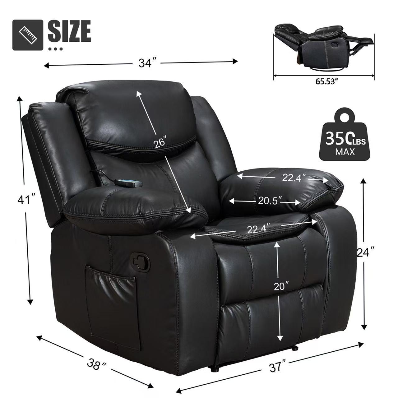 Sillón Burgo, Reclinable, Eléctrico con Masaje y Calor Negro