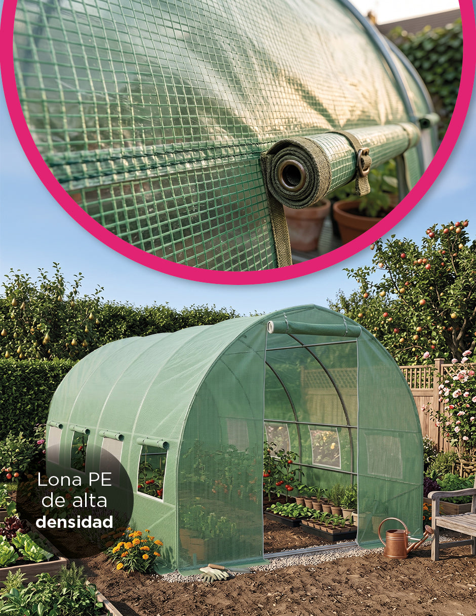 Invernadero Minerva Verde Túnel Curvo 3 x 6 m de Jardín con Ventanas Laterales y Puerta Enrollable