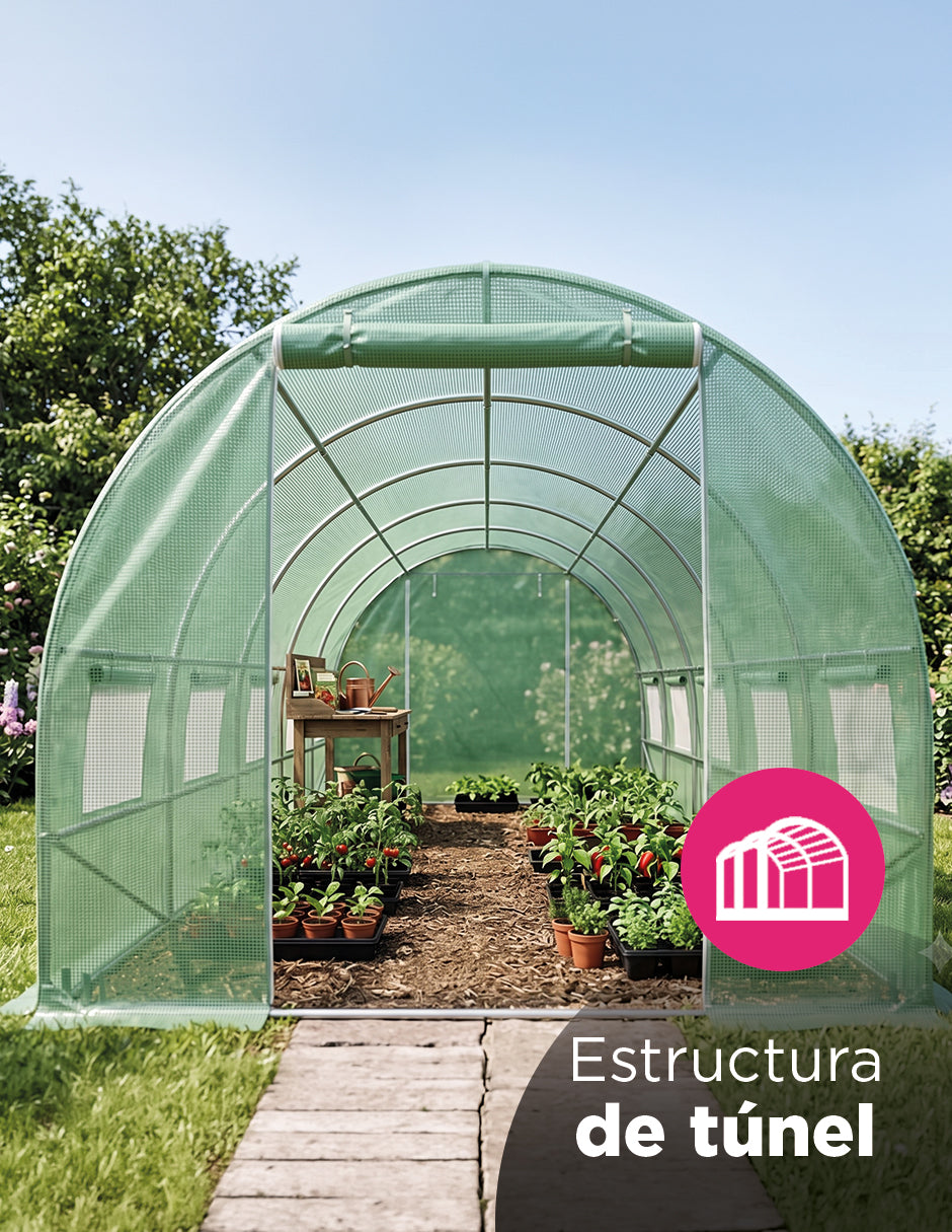 Invernadero Minerva Verde Túnel Curvo 3 x 6 m de Jardín con Ventanas Laterales y Puerta Enrollable