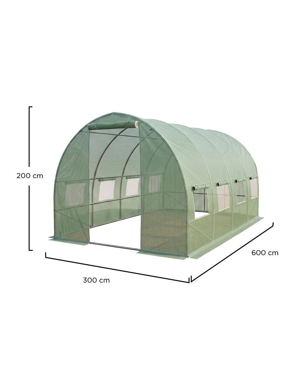 Invernadero Minerva Verde Túnel Curvo 3 x 6 m de Jardín con Ventanas Laterales y Puerta Enrollable