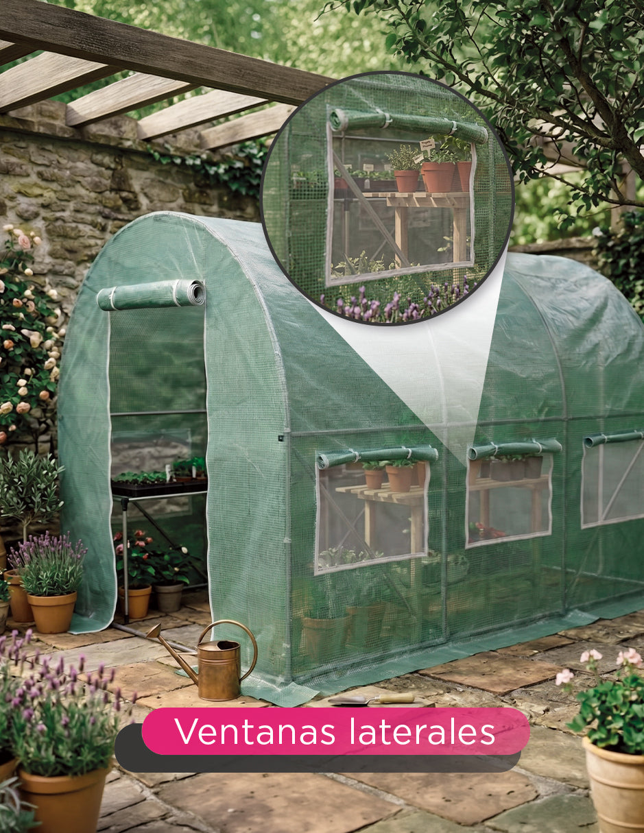Invernadero Tolvia Verde Túnel Curvo 2 x 3m con Ventanas Laterales y Puerta Enrollable