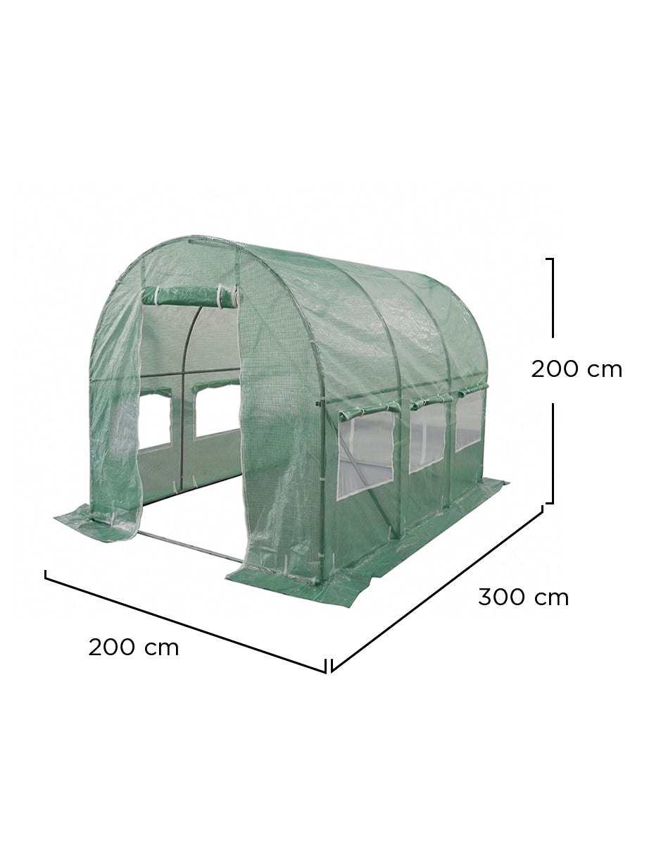 Invernadero Tolvia Verde Túnel Curvo 2 x 3m con Ventanas Laterales y Puerta Enrollable