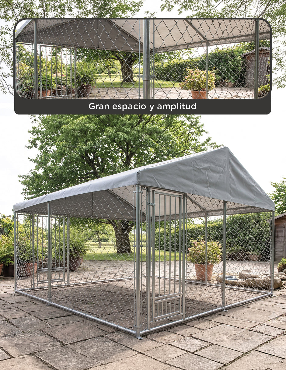 Jaula Kens Gris Gallinero Aviario Exterior 3 x 3m para Mascotas con Techo Impermeable