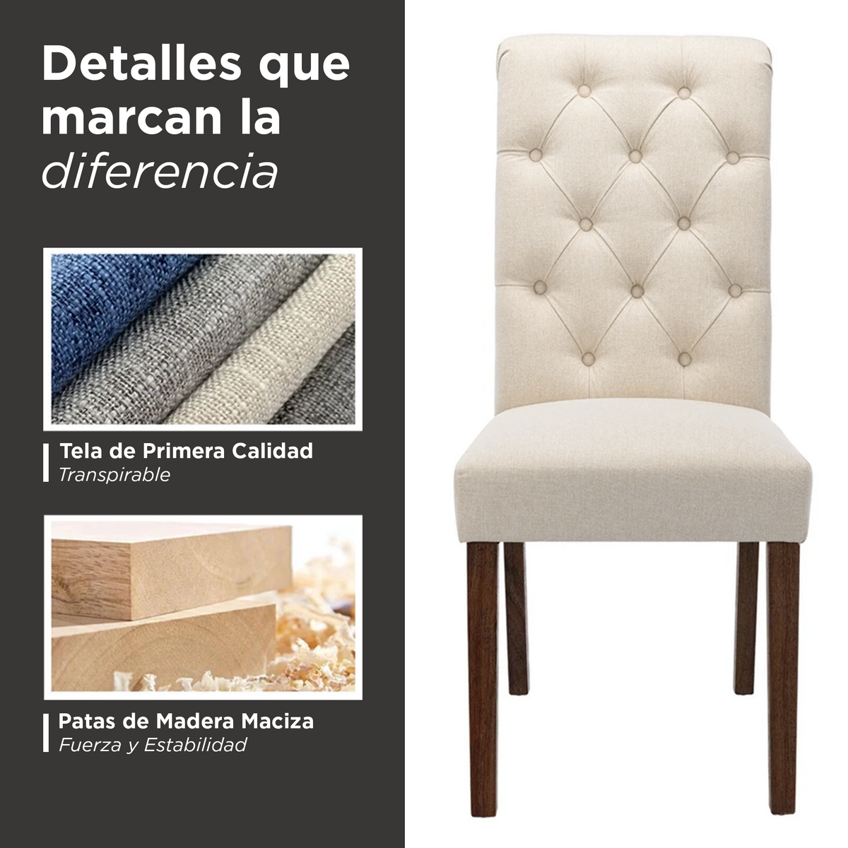 Juego de 2 Sillas de Comedor Sevilla Tapizadas en Lino Crema con Capitoné y Patas de Madera