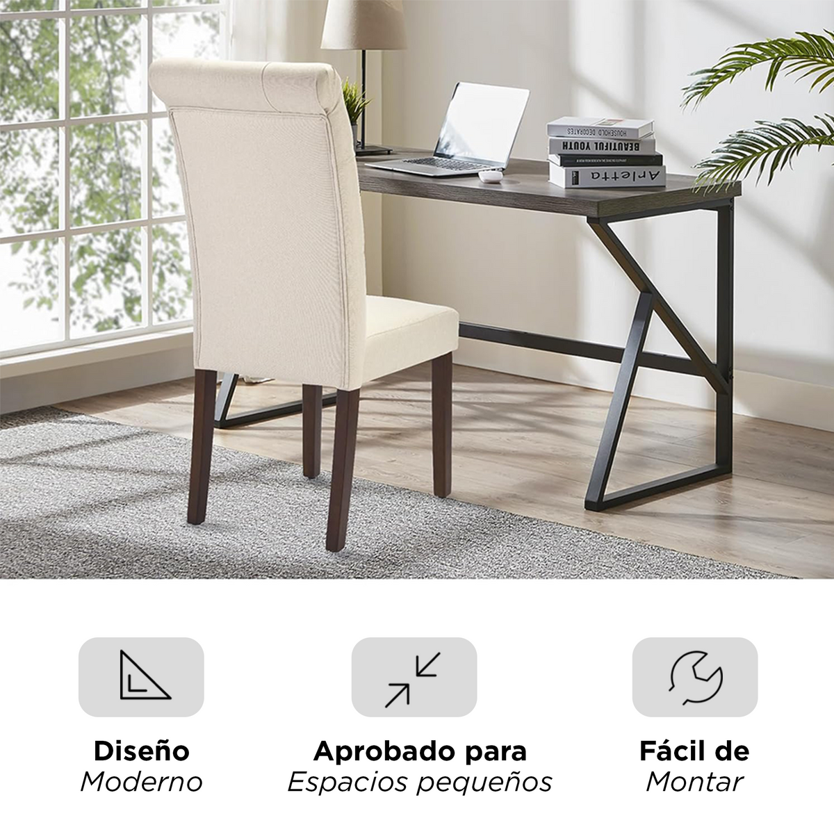 Juego de 2 Sillas de Comedor Sevilla Tapizadas en Lino Crema con Capitoné y Patas de Madera