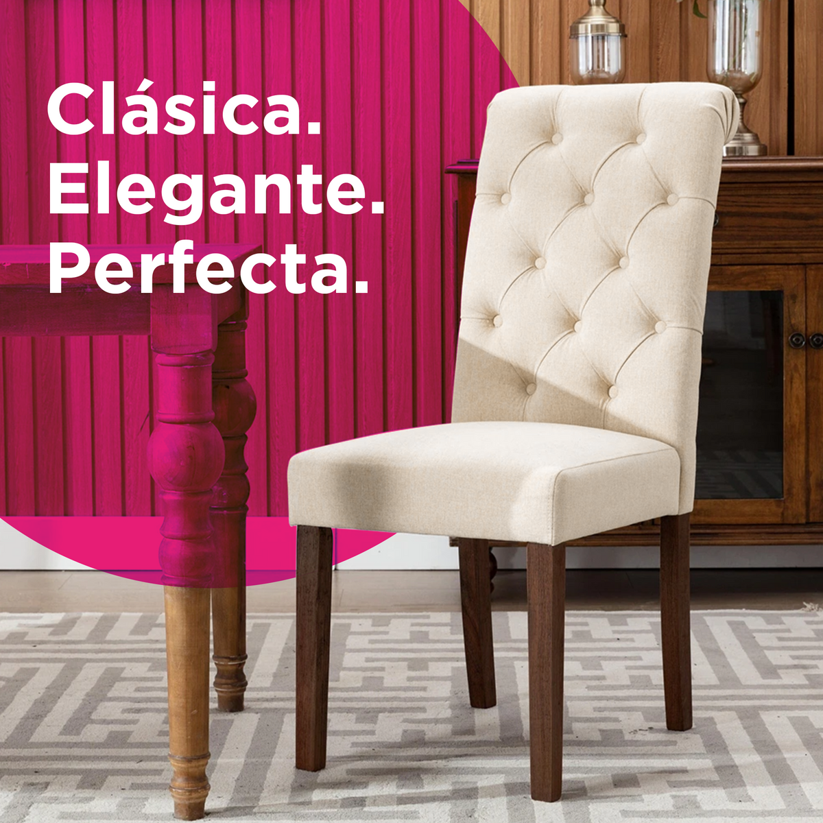 Juego de 2 Sillas de Comedor Sevilla Tapizadas en Lino Crema con Capitoné y Patas de Madera