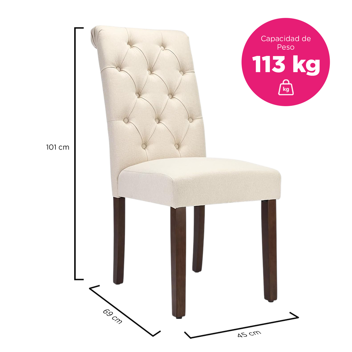 Juego de 2 Sillas de Comedor Sevilla Tapizadas en Lino Crema con Capitoné y Patas de Madera