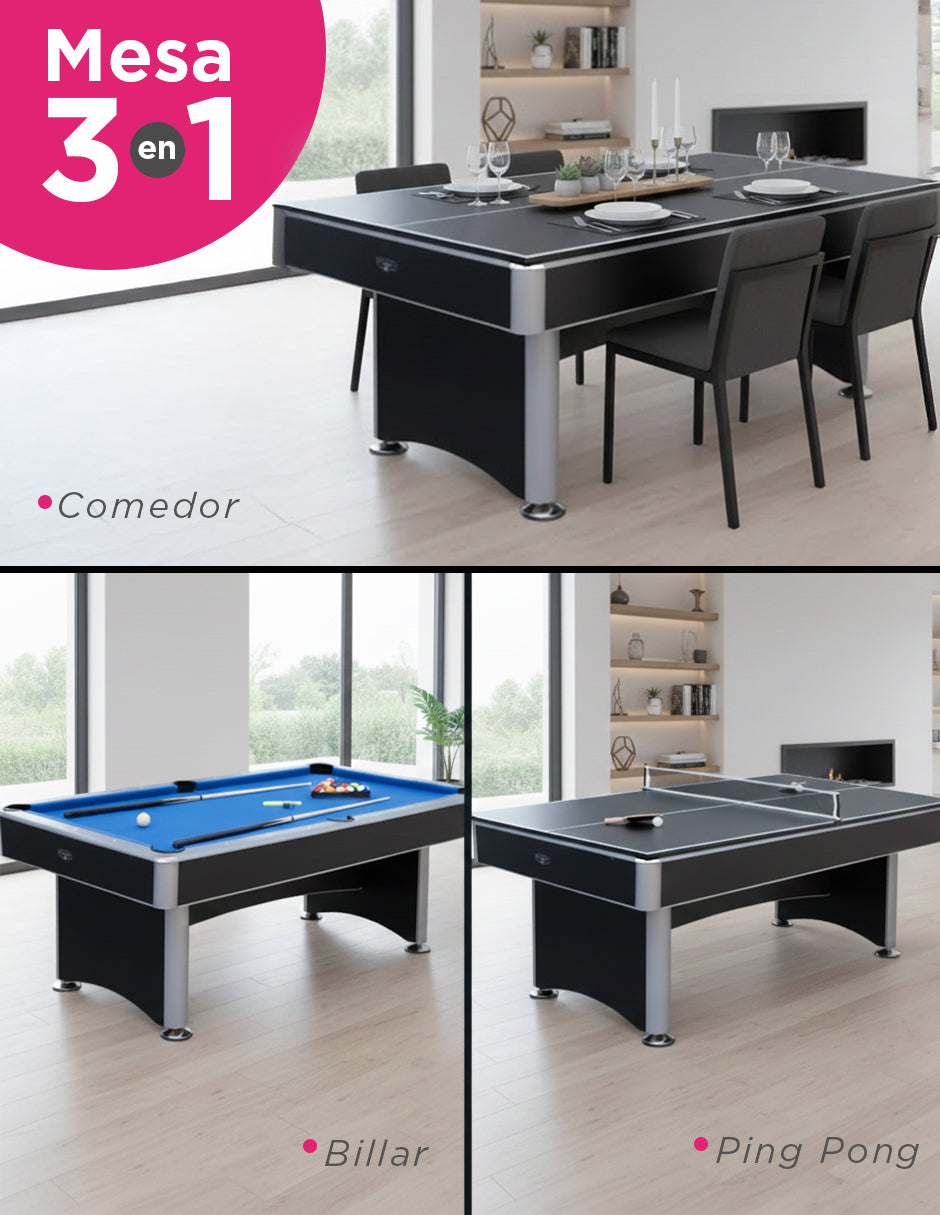MESA NEGRA 3 EN 1 BILLAR, PING PONG Y COMEDOR DE LUJO