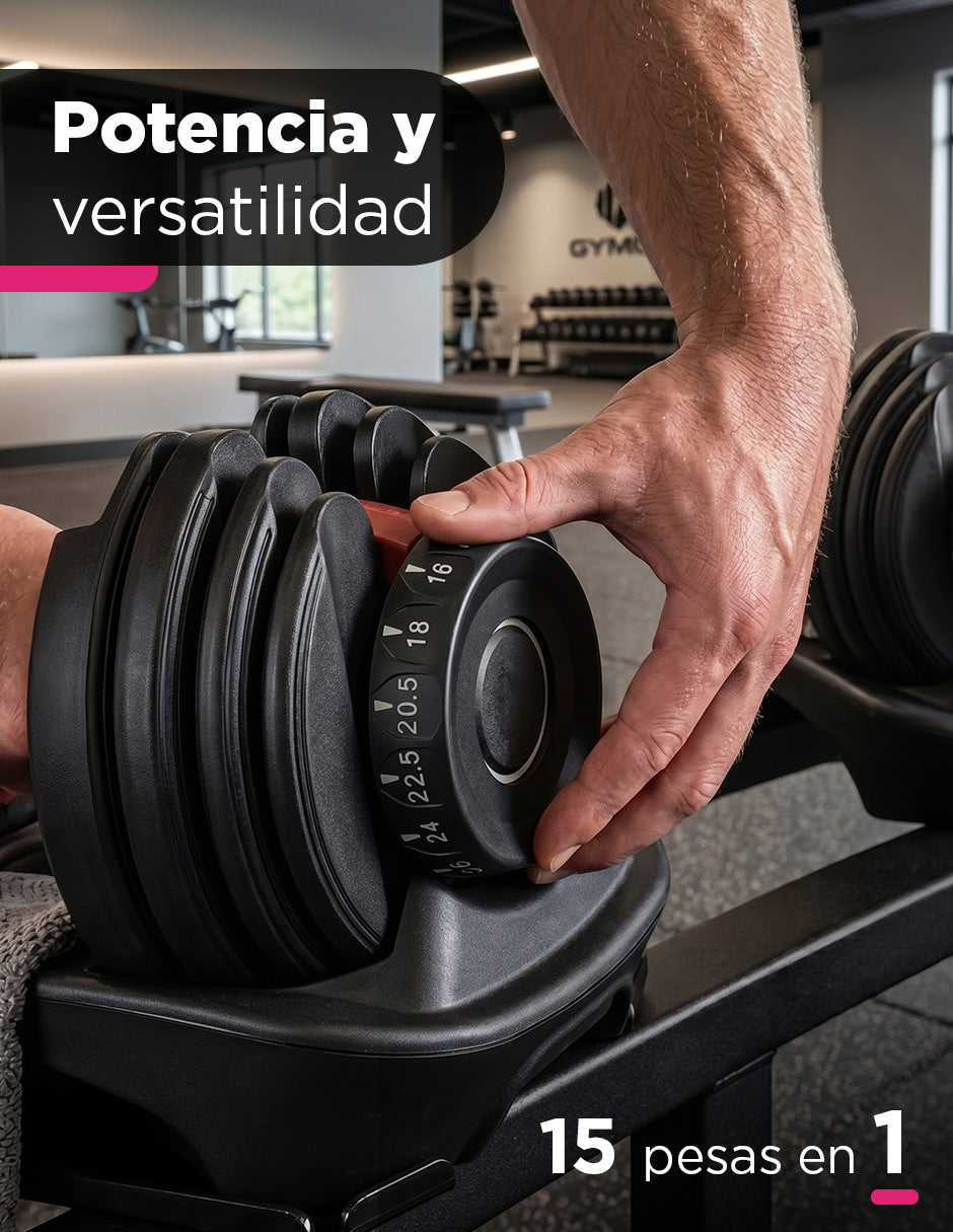 Par de Mancuernas Ajustable 2.5 a 24 kg Dial Giratorio 15 Pesos en 1