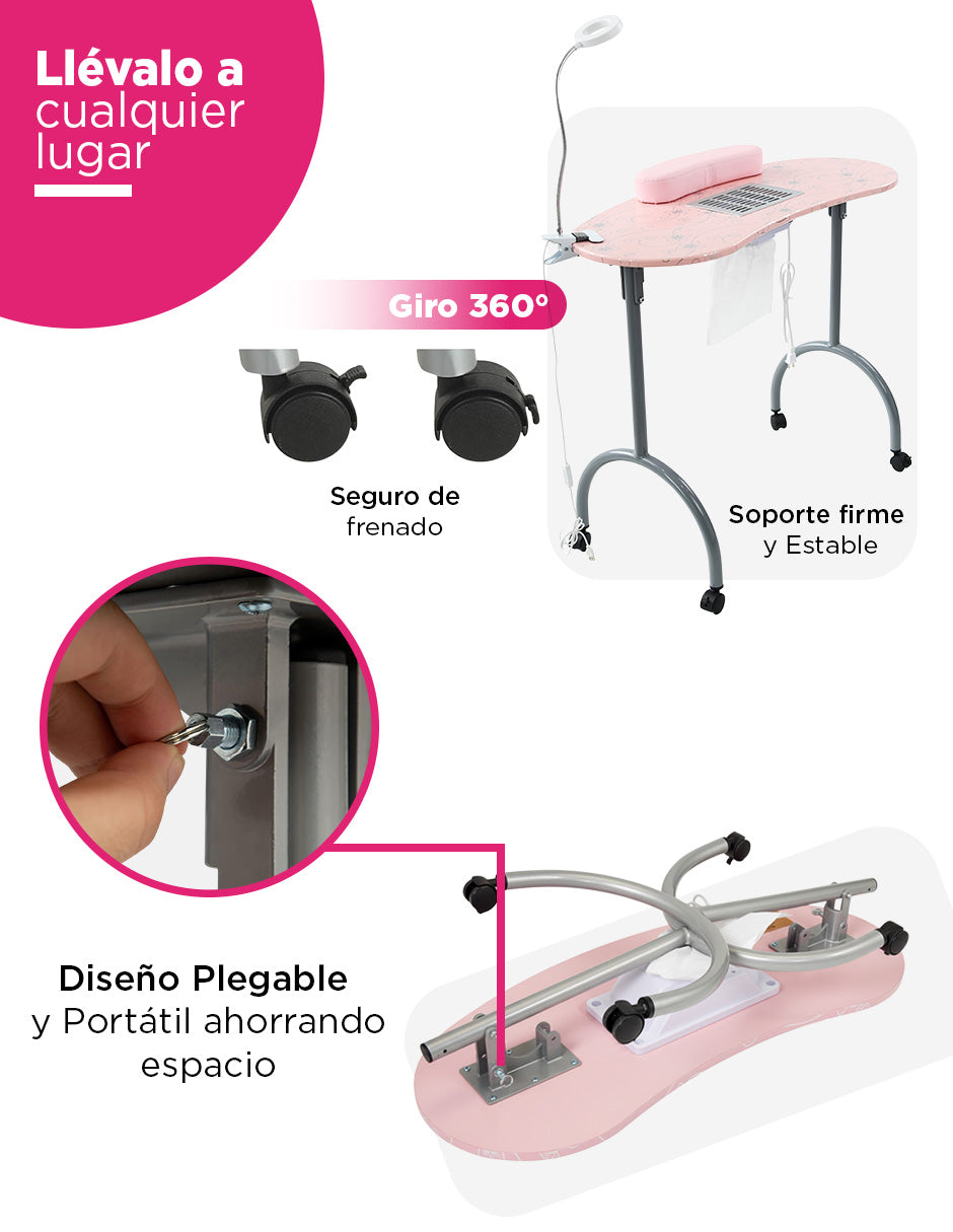 Mesa De Manicura Luma Portátil Con Accesorios Spa Salón de Belleza Color Rosa