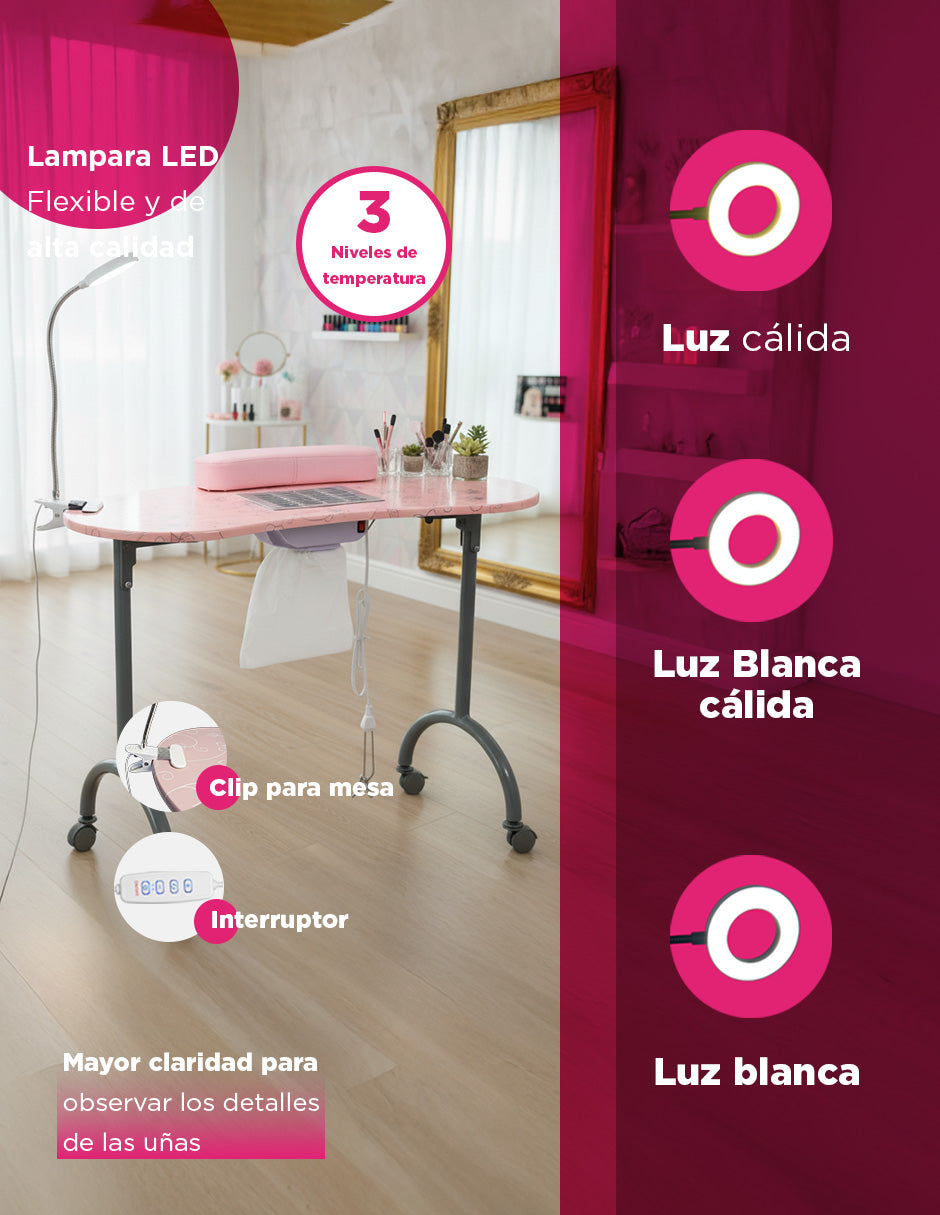 Mesa De Manicura Luma Portátil Con Accesorios Spa Salón de Belleza Color Rosa