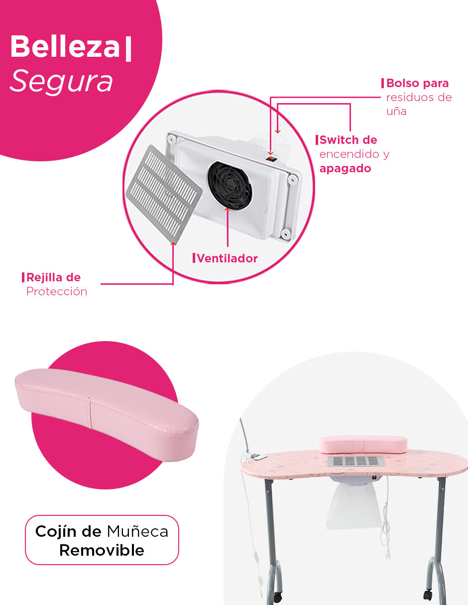 Mesa De Manicura Luma Portátil Con Accesorios Spa Salón de Belleza Color Rosa