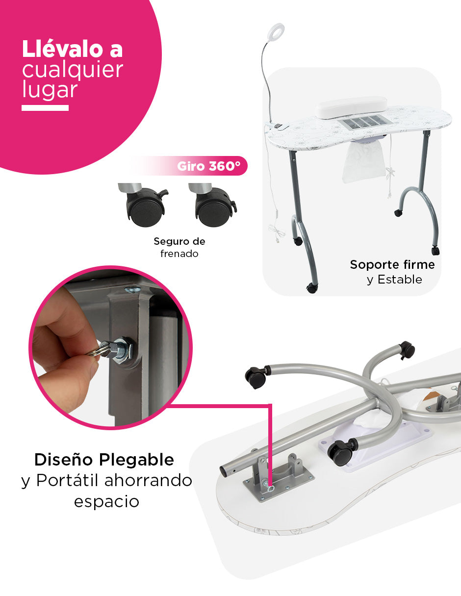 Mesa De Manicura Luma Portátil Con Accesorios Spa Salón de Belleza Color Blanco