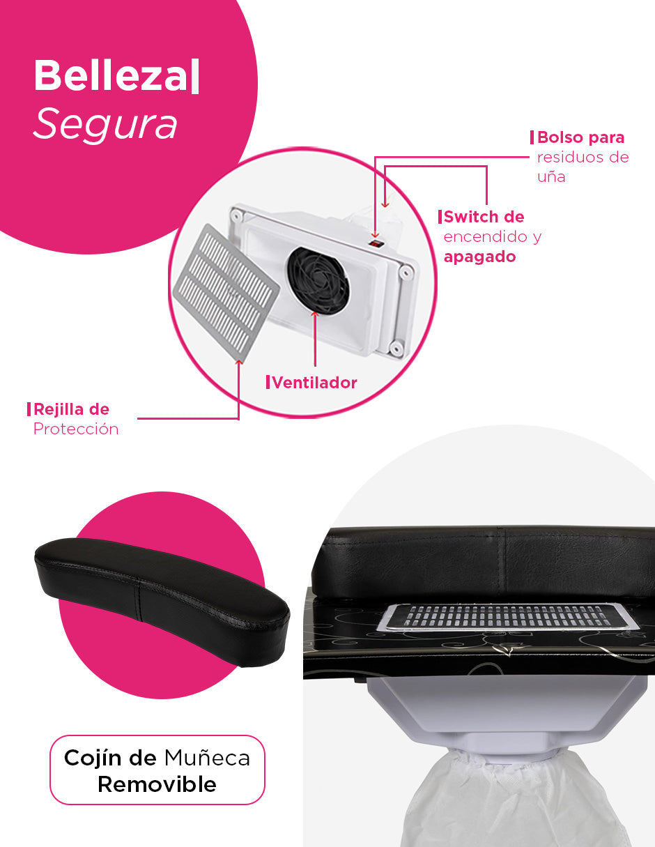 Mesa De Manicura Luma Portátil Con Accesorios Spa Salón de Belleza con aspiradora Color Negro