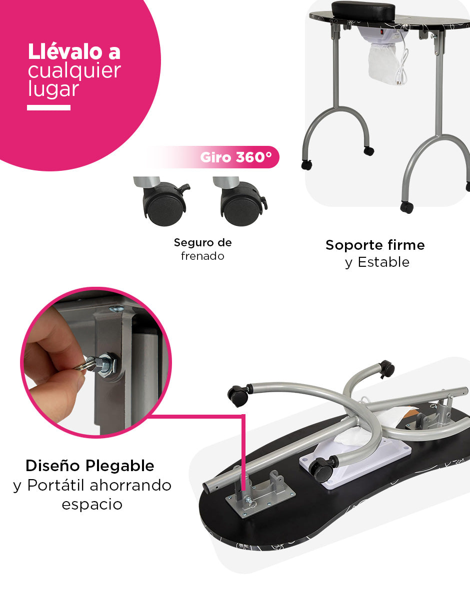 Mesa De Manicura Luma Portátil Con Accesorios Spa Salón de Belleza con aspiradora Color Negro