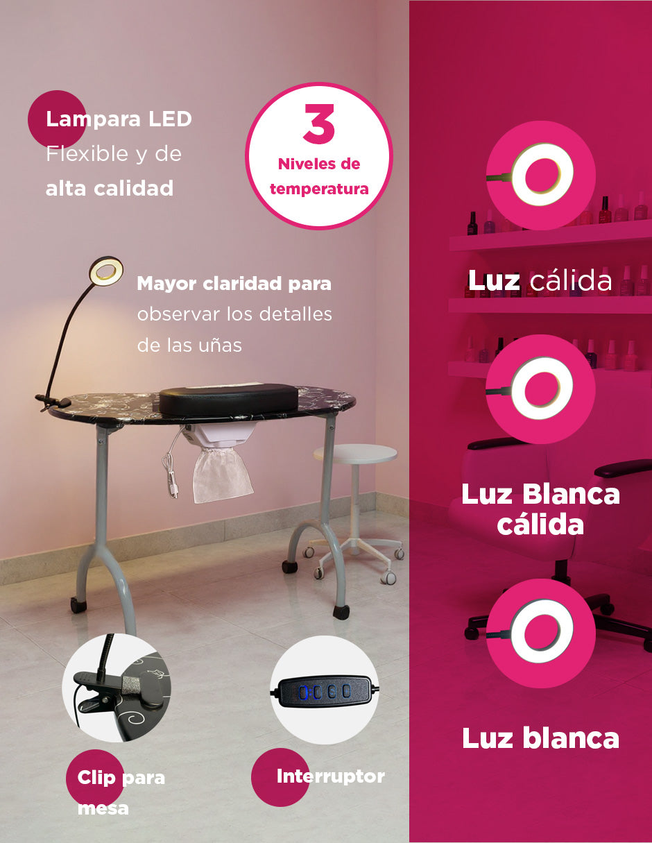 Mesa De Manicura Luma Portátil Con Accesorios Spa Salón de Belleza con aspiradora Color Negro