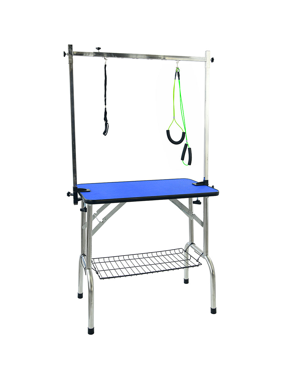 Mesa Profesional Azul Border Collie para Grooming Canina - Superficie de 80 cm con Doble Correa y Bandeja de Herramientas