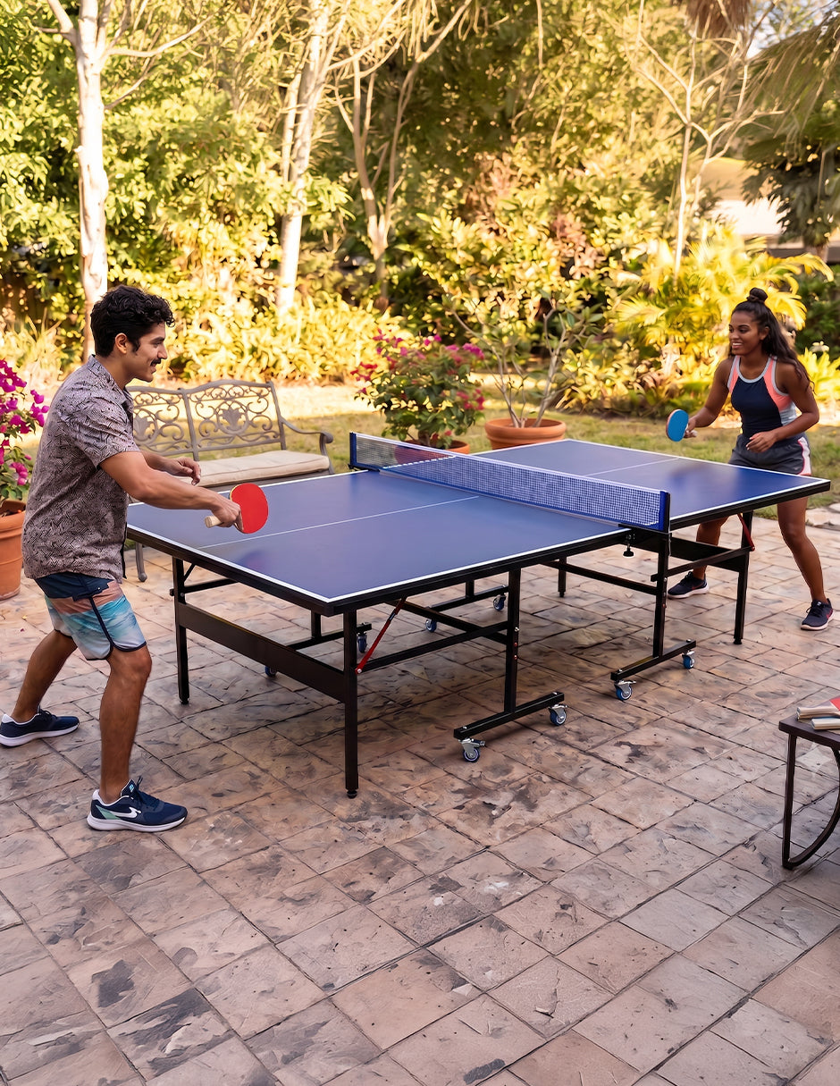 Mesa de Ping Pong Plegable MDF Eleni Azul 274 x 152 cm con Ruedas y Accesorios