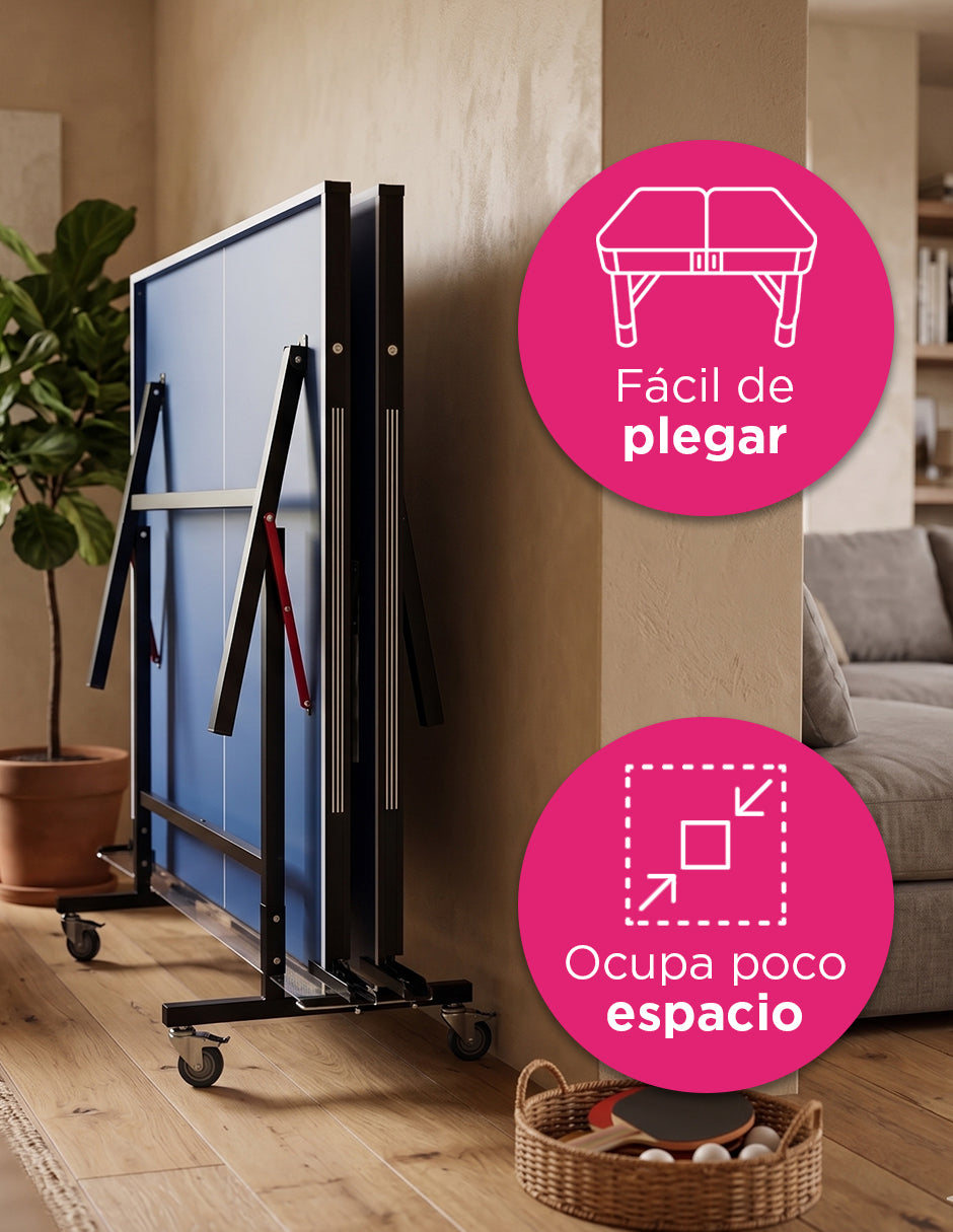 Mesa de Ping Pong Plegable MDF Eleni Azul 274 x 152 cm con Ruedas y Accesorios