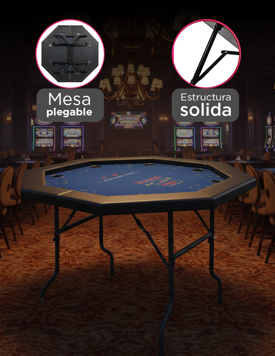 Mesa de Poker Azul Octagonal de Vanlig: Profesional, Plegable y Compacta para 8 Jugadores