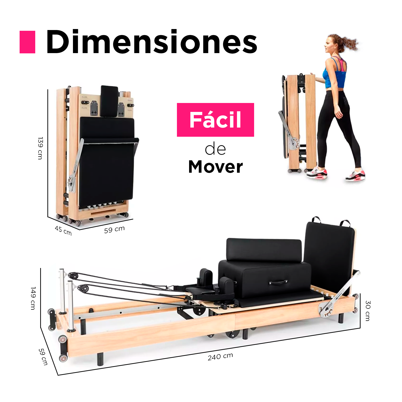Cama de Pilates Reformer Profesional de Roble Plegable Negro.