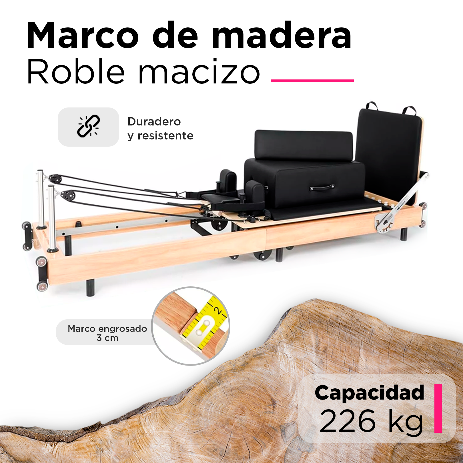 Cama de Pilates Reformer Profesional de Roble Plegable Negro.