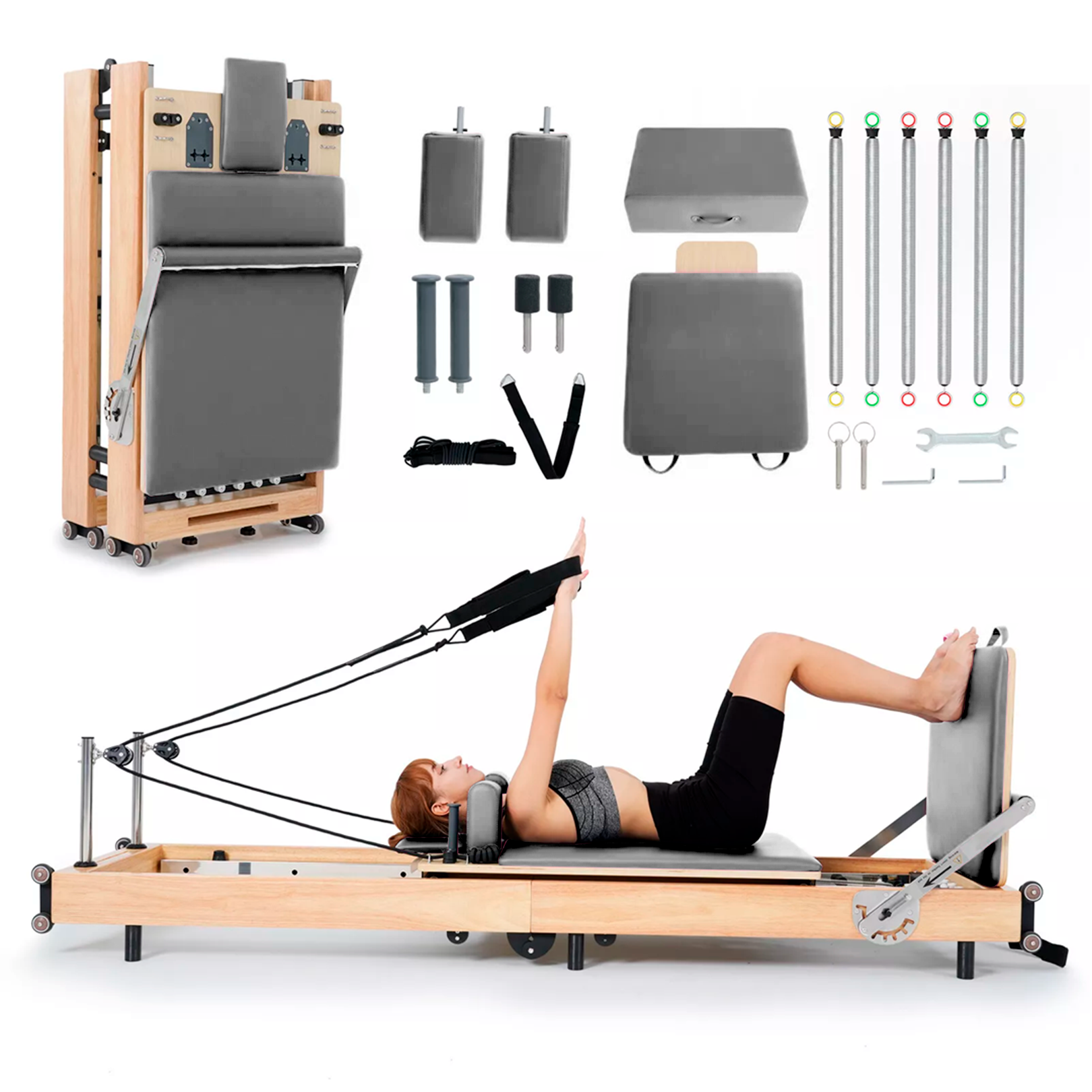 Cama de Pilates Reformer Profesional de Roble Plegable