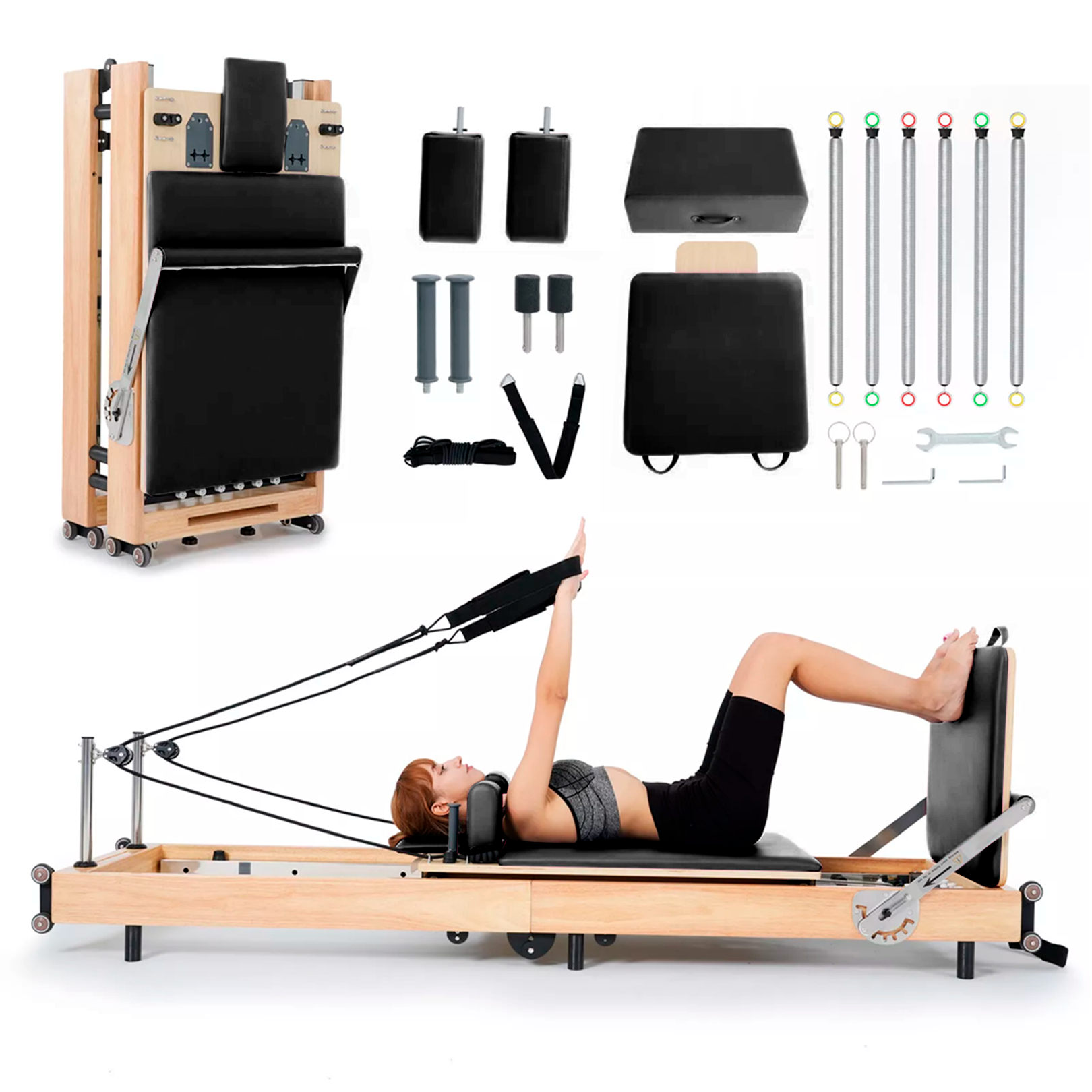 Cama de Pilates Reformer Profesional de Roble Plegable Negro.