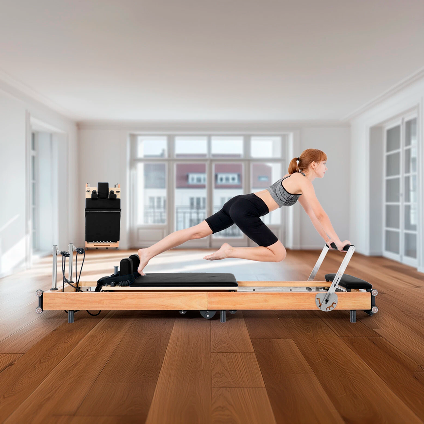 Cama de Pilates Reformer Profesional de Roble Plegable Negro.