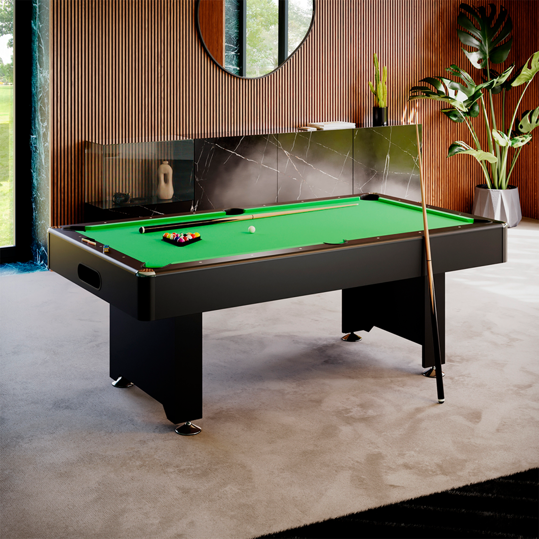 MESA DE BILLAR AMERICANO Y COMEDOR PANEL VERDE