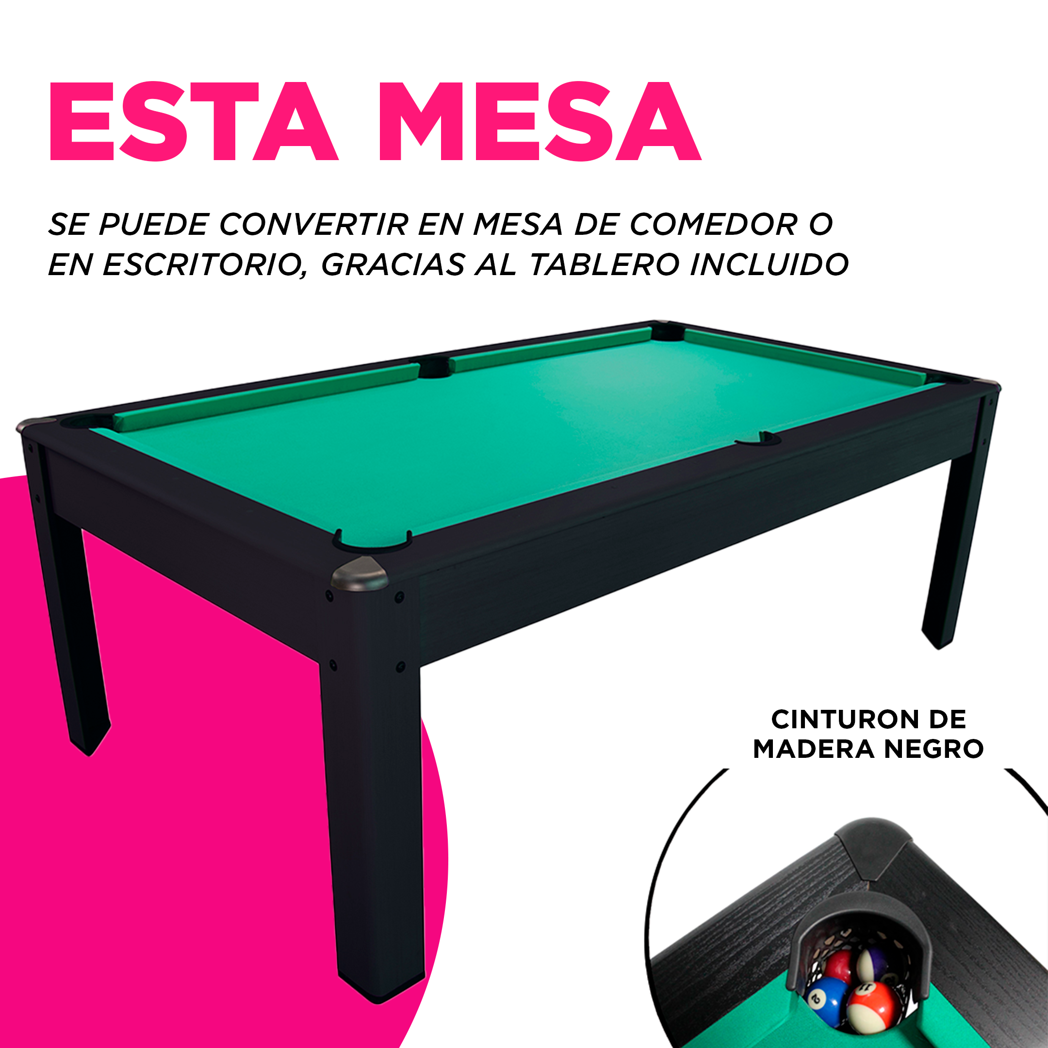 Mesa De Billar Pool Pro Panel Verde Convertible En Comedor Negro